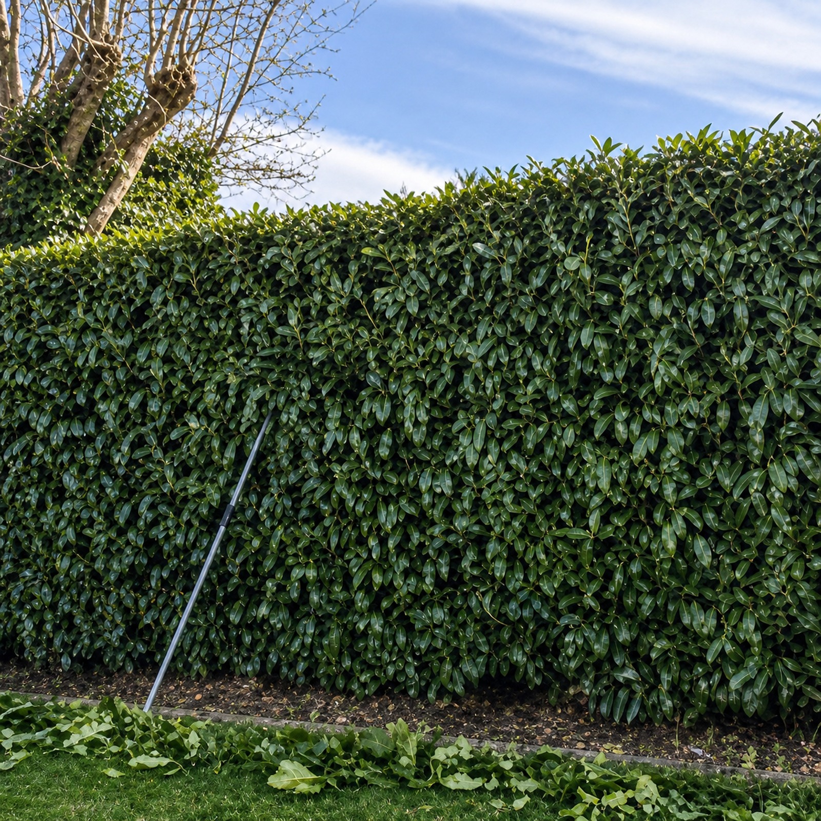Close-up of a densely trimmed hedge face showing precise cutting work