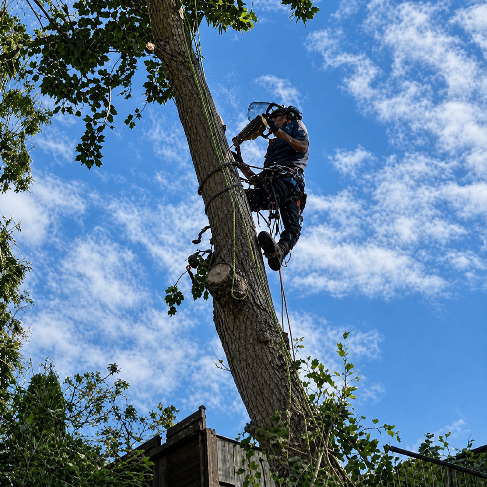 Eco Tree and Garden Services tree surgeon climbing and cutting a branch against a blue sky