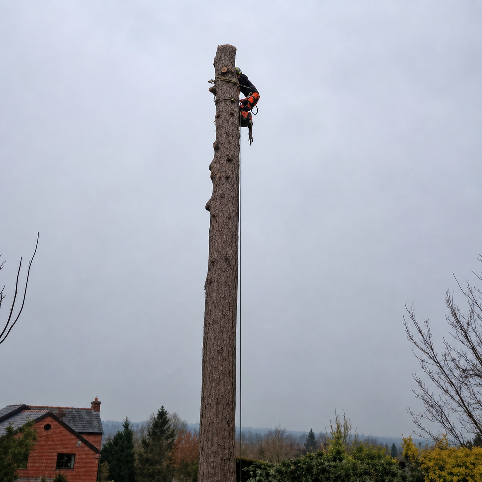 Tree surgeon near the top of a tall stripped stem after sectional reduction